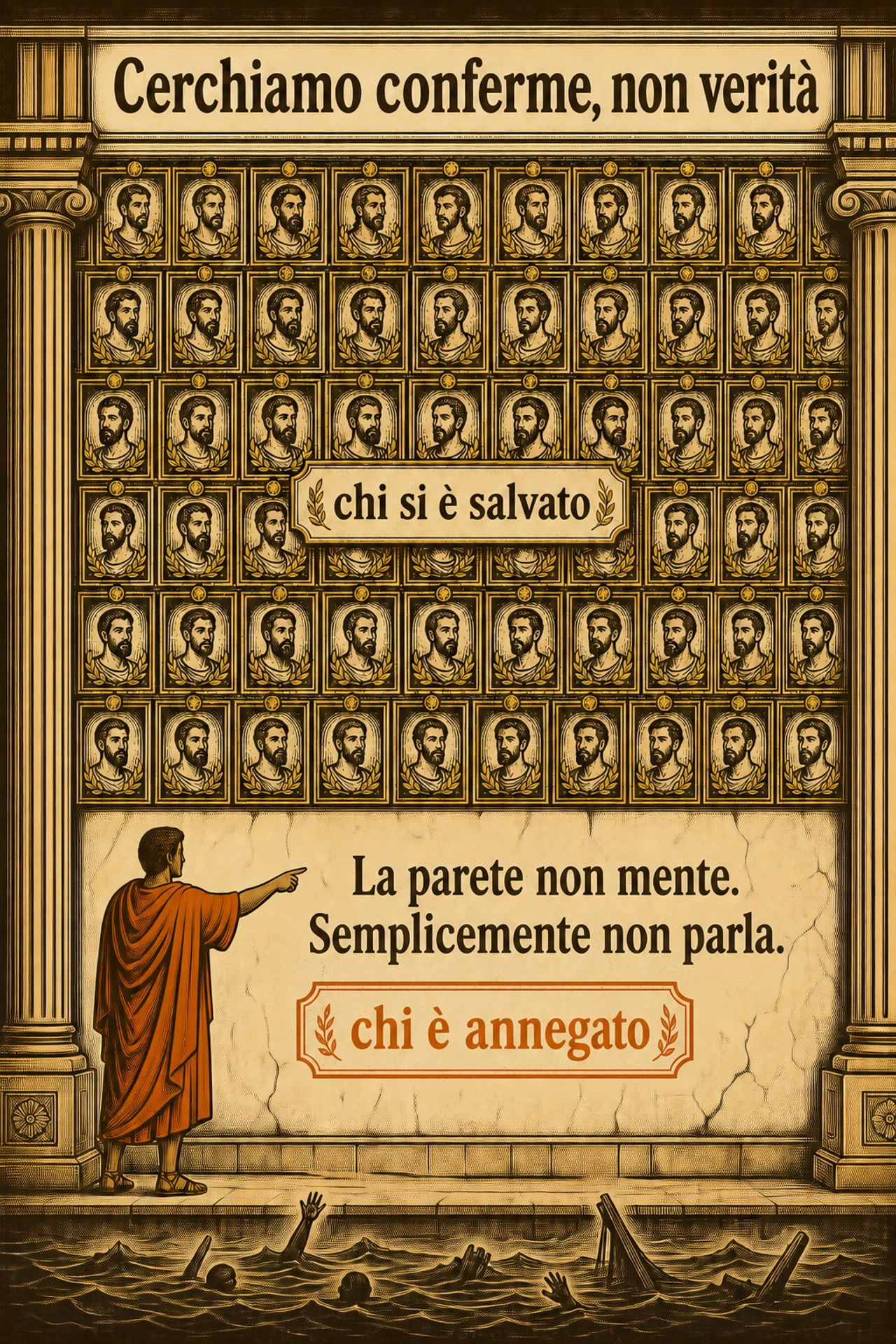 Infografica: Il bias di conferma non è la bugia che ci raccontiamo: è il modo in cui raccogliamo il materiale prima ancora di raccontarci qualcosa. Cerchiamo i casi in cui la nostra ipotesi è vera e non quelli in cui sarebbe falsa — e lo facciamo perché in moltissimi ambienti ordinari questa è la mossa efficiente, non perché siamo pigri. Diventa pericolosa quando l'ipotesi è più stretta della realtà, quando nessuno intorno a noi ha interesse a contraddirci, e quando l'errore costa molto: allora la parete si riempie di sopravvissuti, e gli annegati non li conta nessuno.