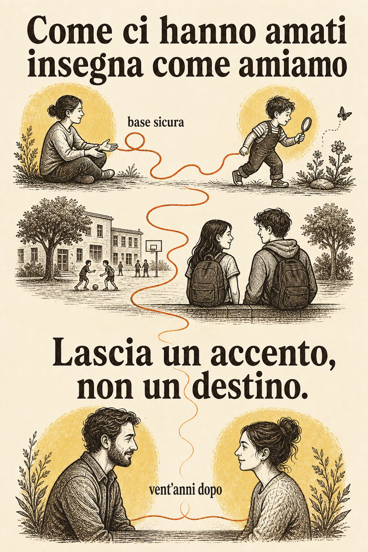Infografica: Il modo in cui siamo stati accuditi da piccoli è la prima lingua che abbiamo imparato nei legami: ci lascia un accento — che cosa ci aspettiamo dagli altri quando abbiamo bisogno, e quanto ci sembra sensato chiedere — che si sente ancora nei rapporti adulti. Ma è un accento, non un destino: la stabilità aggregata del costrutto vale circa il sedici per cento di varianza condivisa e si assottiglia con la distanza, fino a non essere più statisticamente rilevabile oltre i quindici anni; dove è stata seguita passo per passo, non passava dritta, ma per un percorso indiretto che coinvolgeva la competenza sociale dei primi anni di scuola e le amicizie dell'adolescenza; e a predire l'esito adulto non è solo il punto di partenza, perché anche la direzione in cui la cura ricevuta è cambiata negli anni ha un peso — nei dati, un coefficiente perfino un po' più grande.