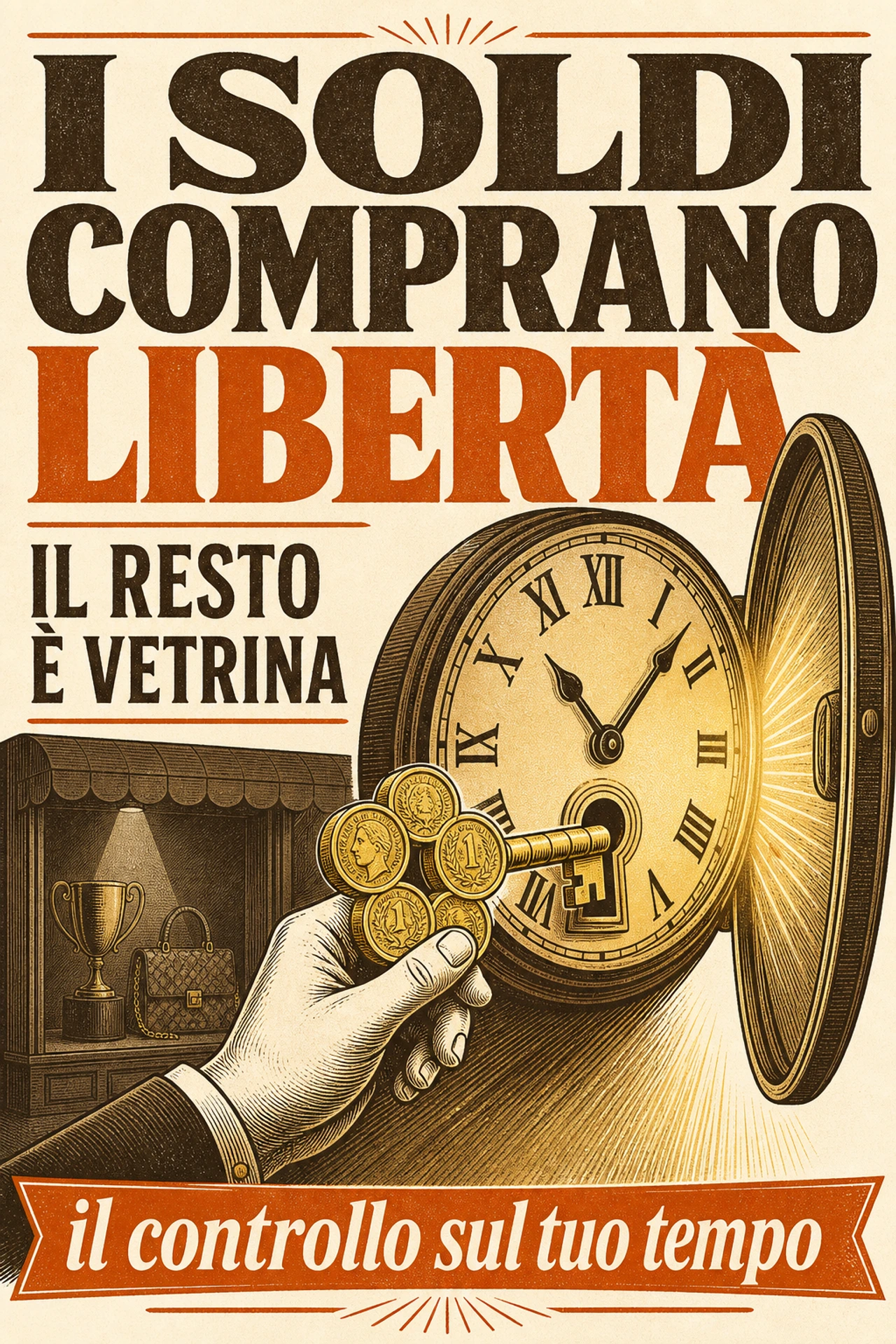 Infografica: Il valore reale del denaro non è quanto ne hai: è il controllo che ti restituisce sul tuo tempo. Buona parte del resto — il marchio, la casa più grande del vicino, il calendario esibito come trofeo — è vetrina, e la vetrina vale soprattutto per confronto: raramente è abbastanza, perché il metro lo tengono gli altri.