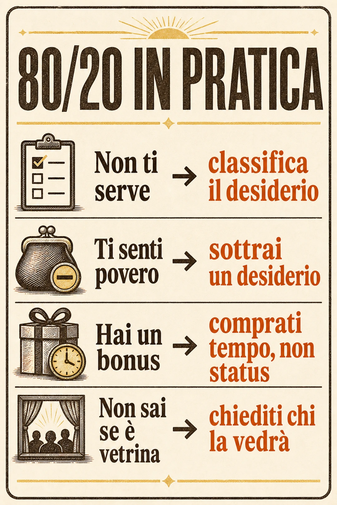 Schema 80/20 — I soldi comprano libertà, il resto è vetrina