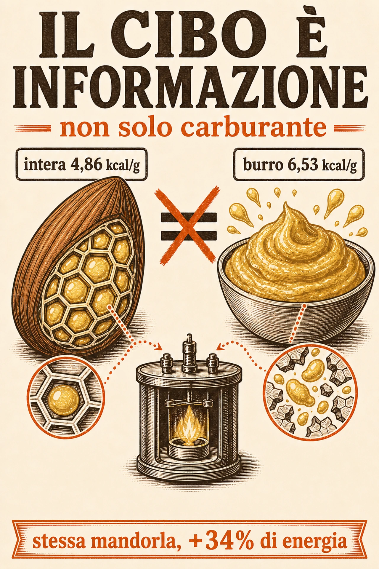 Infografica: Il corpo non misura soltanto l'energia di ciò che mangi: ne legge la composizione e la struttura, e questa non è una metafora ma biochimica documentata. Ma «informazione» non è una scappatoia dalla termodinamica: il messaggio agisce attraverso la caloria, non contro di essa — decidendo quante ne assorbi davvero e quante ne mangerai senza accorgertene.