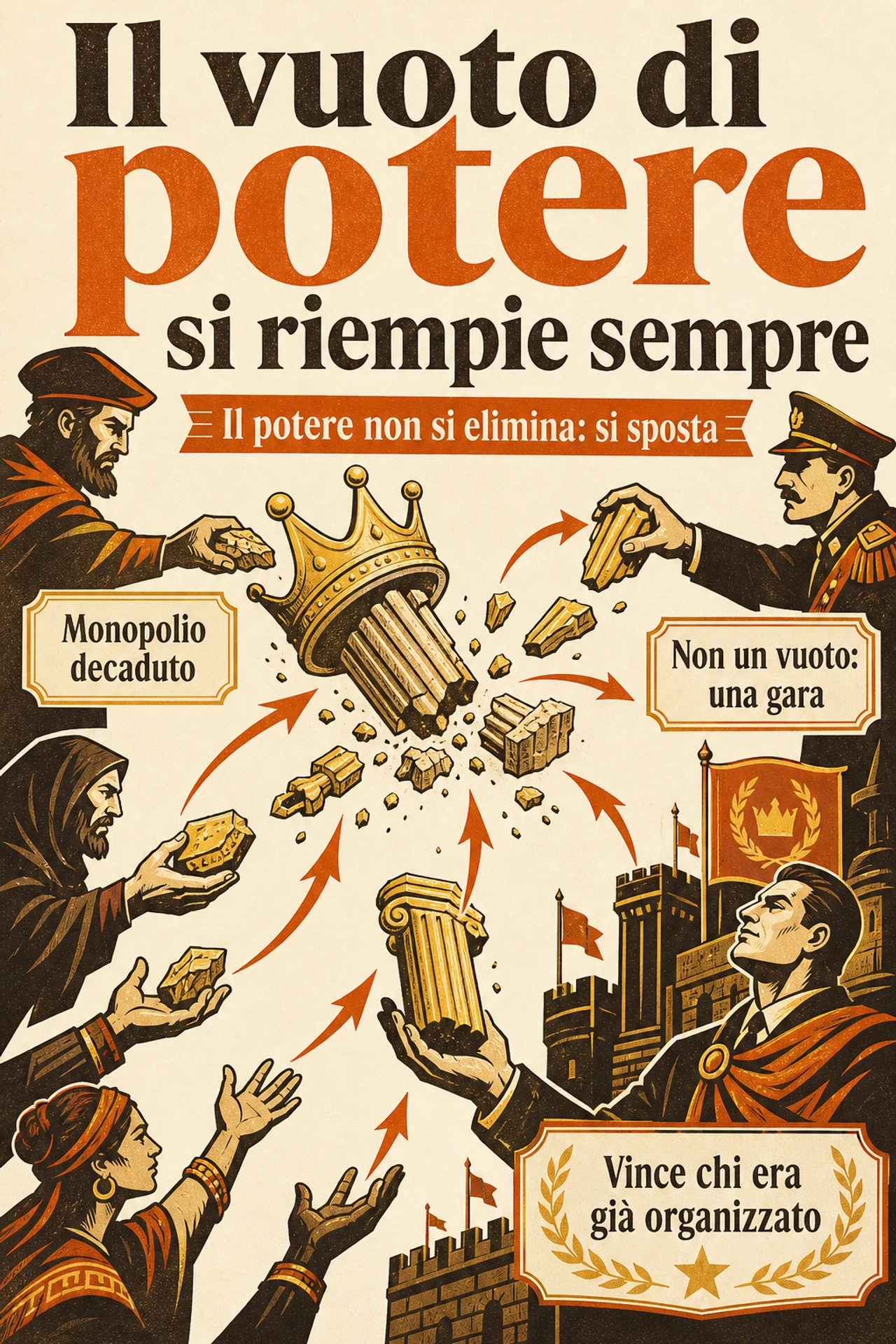 Infografica: Il potere non si elimina: si sposta. Quando cade un regime, un capo o un ordine, l'autorità raramente svanisce nel nulla — nei collassi esaminati si disperde, e non sempre si ricompone in un nuovo monopolio: a volte si apre una competizione per ricostituirla, a volte resta frammentata per anni. Chi la vinca non è scritto nelle stelle: dipende dalle istituzioni rimaste in piedi e da chi era già organizzato. Abbattere può essere questione di giorni; costruire un ordine che regga può richiedere decenni — ed è nell'intervallo tra le due cose che si decide quasi tutto.