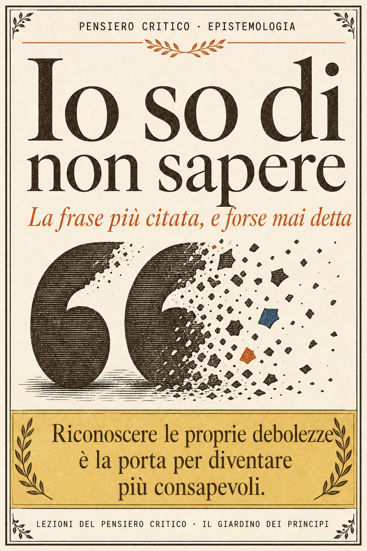 Infografica: "So di non sapere" non è una frase che Socrate abbia mai pronunciato così: è la sintesi, nata secoli dopo di lui, di un metodo che praticava davvero — riconoscere pubblicamente i limiti del proprio sapere non è debolezza, è la mossa che apre la porta a imparare qualcosa di vero.
