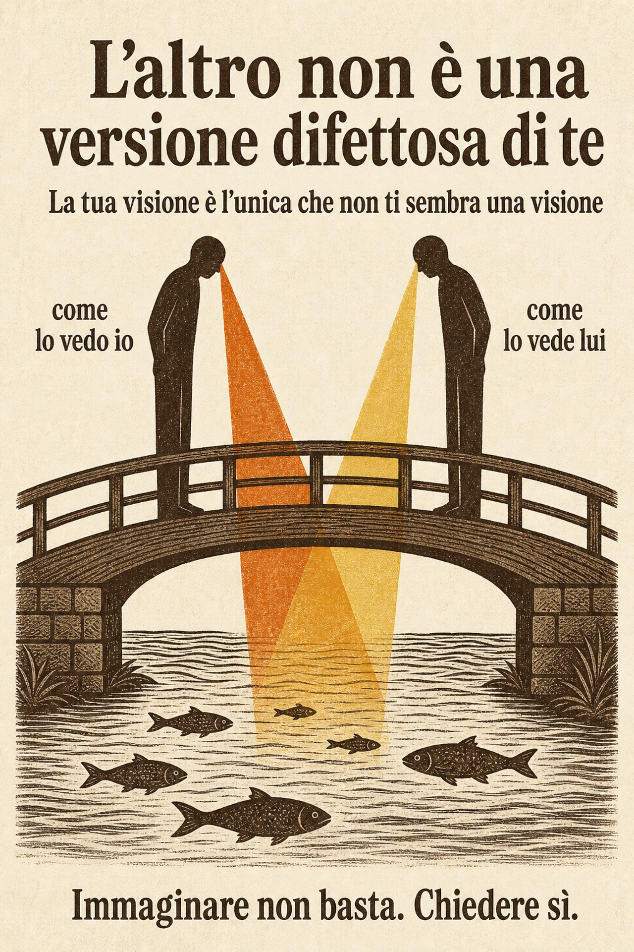 Infografica: Ciascuno di noi vive la propria visione del mondo non come una visione, ma come la realtà stessa: la nostra costruzione è l'unica cosa che non ci appare come una costruzione. Da lì può seguire, quasi senza accorgersene, che chi la pensa diversamente ci appaia mal informato, irrazionale o in malafede — mentre l'altro, guardando noi, può fare il calcolo speculare. Può alimentare parecchi conflitti quotidiani, e la sua correzione non è quella che ci hanno insegnato: in venticinque esperimenti, immaginarsi nei panni dell'altro non ha aumentato sistematicamente l'accuratezza, con un piccolo effetto medio negativo. Ciò che ha funzionato, in quel compito di accuratezza, è più povero e più faticoso — chiedere, e ascoltare la risposta.