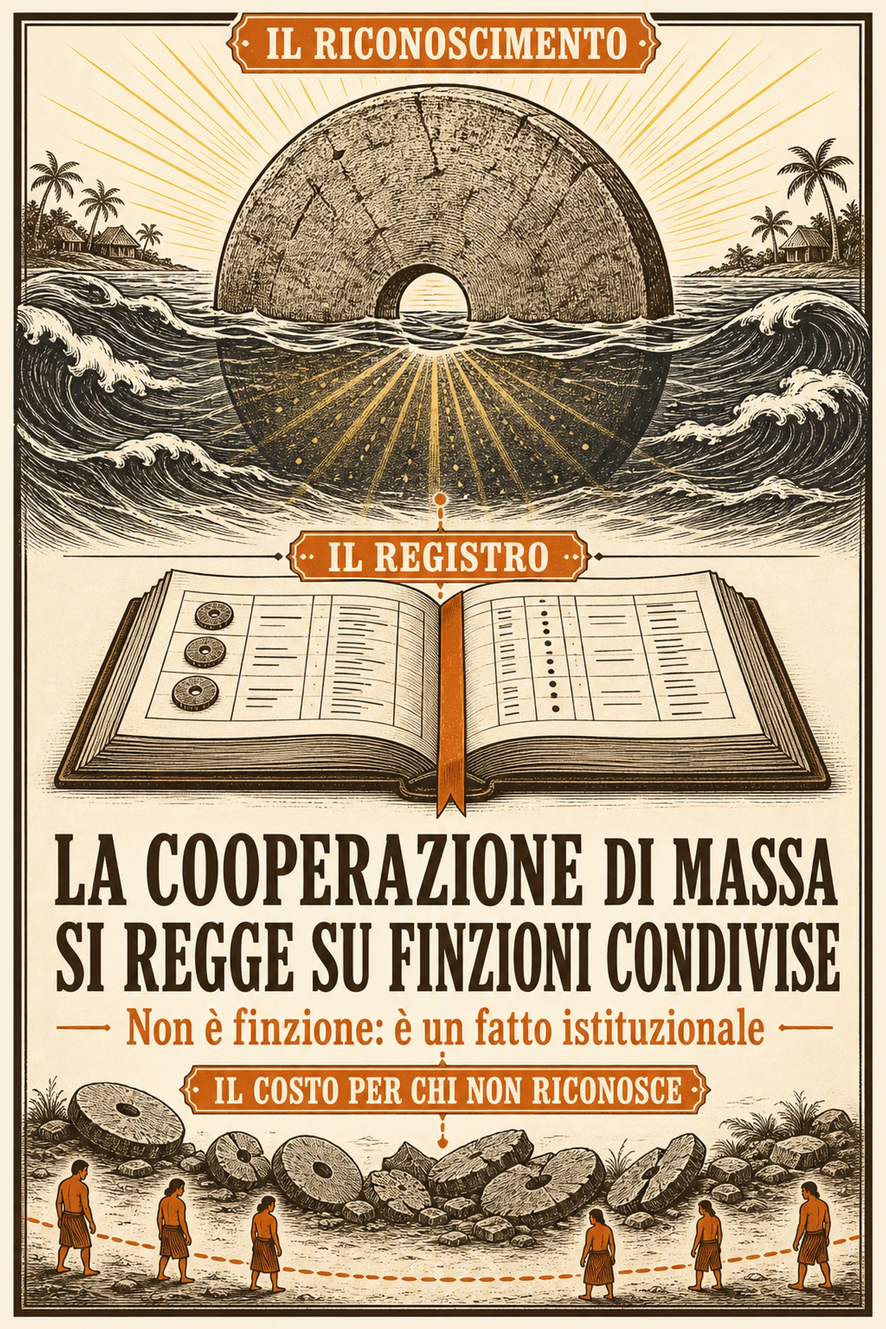 Infografica: Milioni di sconosciuti riescono a cooperare perché condividono un registro: status assegnati a cose, persone e regole che nessuno può verificare da solo e che tutti trattano come reali. «Finzione» è una parola imprecisa e quasi tutto il canone la rifiuta — un fatto istituzionale è reale quanto una montagna, solo che smette di esistere il giorno in cui smettiamo di riconoscerlo insieme. E il riconoscimento da solo raramente basta: nelle istituzioni di cui parla questa lezione è tenuto in piedi da registri, arbitri e sanzioni, in combinazioni che cambiano da caso a caso.