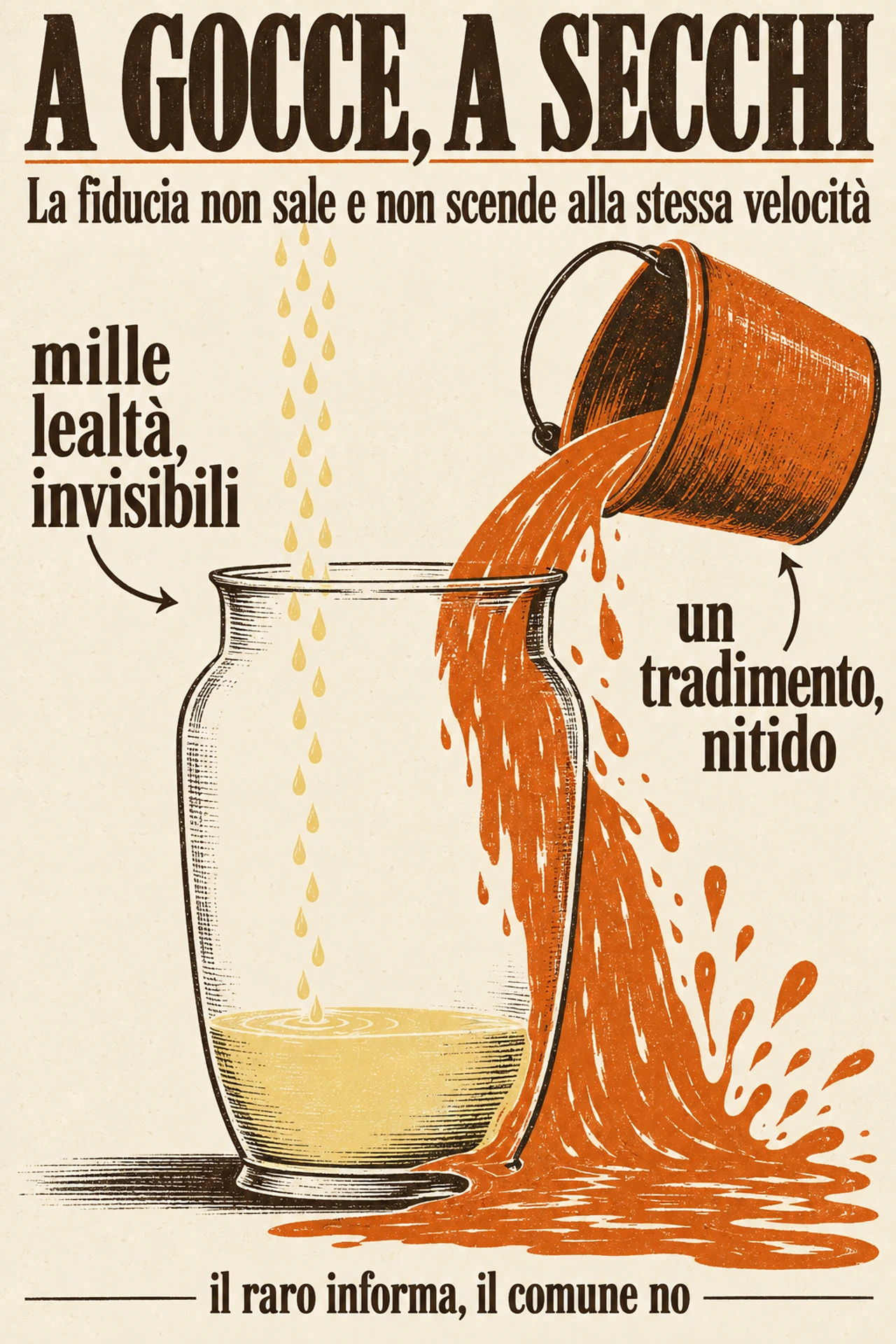 Infografica: La fiducia non si accumula e non si perde alla stessa velocità: si costruisce per eventi piccoli, sfocati e poco visibili, e si distrugge per eventi singoli, nitidi e memorabili. Non è ingiustizia né debolezza di carattere — è il modo in cui trattiamo l'informazione, che pesa di più ciò che è raro e diagnostico. La conseguenza pratica è scomoda: chi ripara non torna al punto di prima, e l'esperienza quotidiana non ci insegnerà mai che ci siamo sbagliati a non fidarci, perché quella prova non arriva.