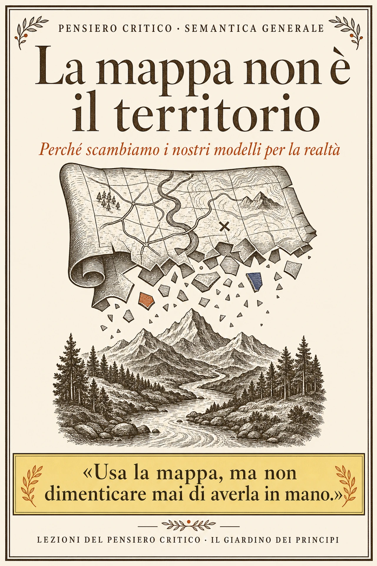Infografica: Ogni pensiero è una mappa: una rappresentazione parziale e costruita, mai identica al territorio che descrive. Scambiare la mappa per il territorio — la parola per la cosa, il modello per il mondo — è la radice silenziosa di gran parte dei nostri errori di giudizio. La saggezza non consiste nel possedere la mappa perfetta, che sarebbe inutile, ma nel ricordare in ogni istante che ne stiamo usando una.