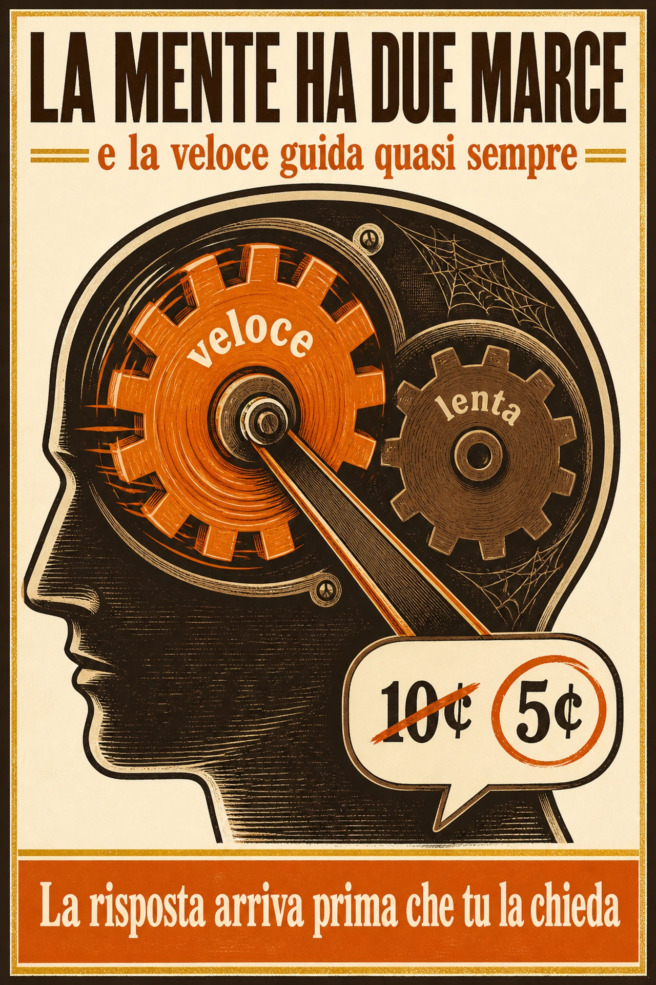 Infografica: La mente lavora su due registri: uno rapido, automatico, che produce risposte senza che tu gliele chieda, e uno lento, faticoso, che può controllarle — ma quasi mai lo fa. Attenzione però a che cosa si sta dicendo: non sono due macchine, non sono due aree del cervello, e non sono l'una il bene e l'altro il male. Sono due modi di funzionare, e la parte veloce guida quasi sempre — non perché tu sia pigro, ma perché nella maggior parte della vita quotidiana funziona benissimo.