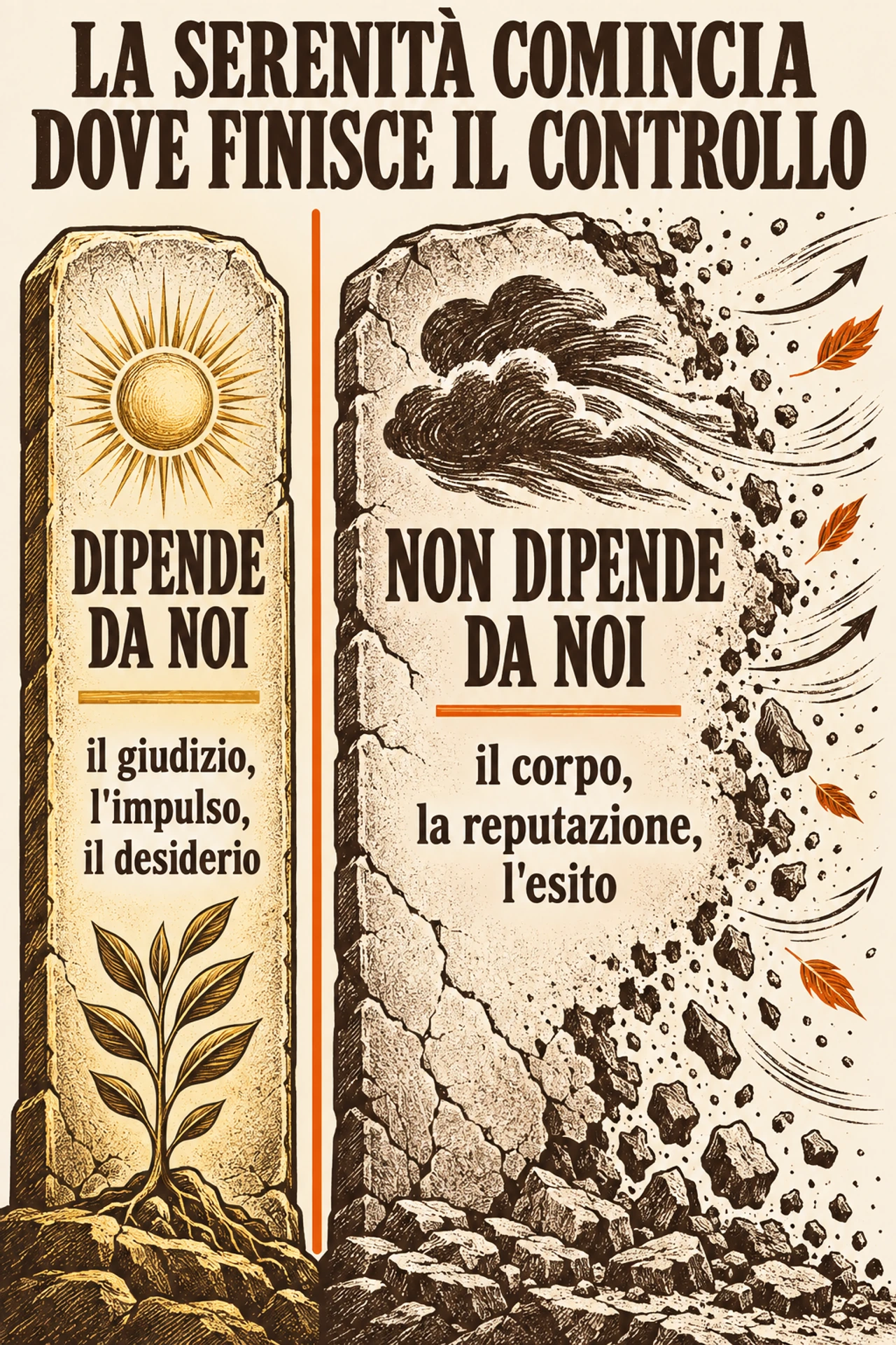 Infografica: La serenità non nasce dall'estendere il proprio controllo, ma dal riconoscere con precisione dove finisce. Epitteto mette in ciò che «dipende da noi» molto meno di quanto il senso comune ci metta — non il corpo, non la reputazione, nemmeno la riuscita delle nostre azioni — e, nel suo argomento, è proprio questa radicalità a rendere la sfera inattaccabile: se è tanto piccola, nessun evento esterno può più toccarla.
