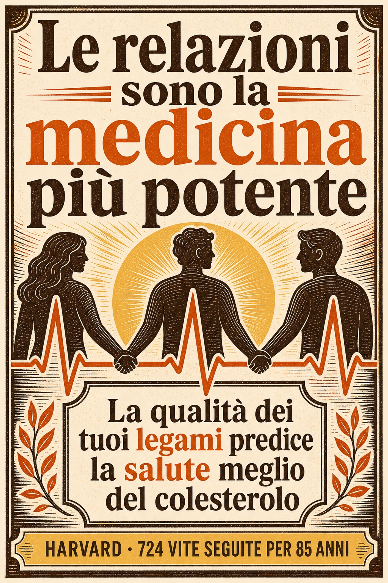 Infografica: La qualità delle relazioni umane — legami caldi, fidati, di reciproco sostegno — è tra i più potenti determinanti che conosciamo di salute fisica, benessere psicologico e longevità, con un peso paragonabile ai grandi fattori di rischio classici come il fumo, l'obesità e la sedentarietà. Non è una metafora poetica: è una regolarità che emerge sia da studi longitudinali durati decenni sia da meta-analisi su centinaia di migliaia di persone. E il fattore attivo non è il numero dei contatti né lo stato civile in sé, ma la qualità percepita della connessione: sentirsi visti, sostenuti e al sicuro con qualcuno.