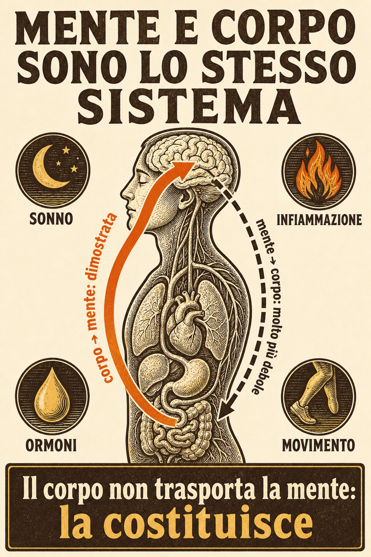 Infografica: Il corpo non è il veicolo della mente: è uno dei suoi ingredienti. Sonno, infiammazione, ormoni e movimento non «influenzano» l'umore e il giudizio dall'esterno: concorrono a produrli dall'interno, e per alcuni di essi lo si può misurare in laboratorio accendendoli e spegnendoli. Ma da questa unità non segue che la mente guarisca il corpo a comando: la freccia meglio documentata va dal corpo alla mente, e girarla al contrario è costato, a chi sta male, decenni di colpa immeritata.