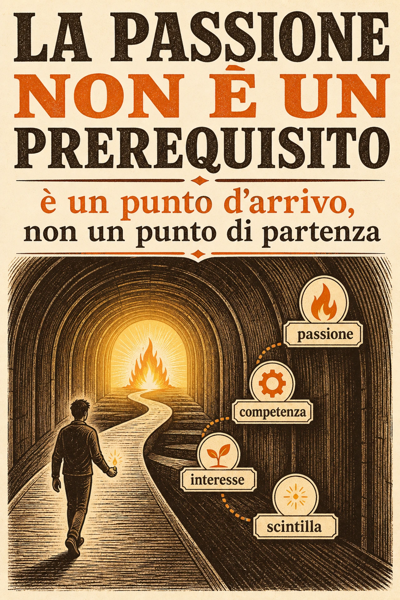 Infografica: La passione non è un prerequisito. Non serve sentirla prima di cominciare: basta un interesse sufficiente a fare un esperimento circoscritto, e aspettare il colpo di fulmine ritarda proprio gli esperimenti da cui un interesse potrebbe nascere. Ma il legame tra passione e competenza è bidirezionale e dipende dal contesto — nessuno può prometterti che diventando bravo amerai ciò che fai. Anzi: la maestria, da sola, non rende amabile un lavoro senza autonomia, senza legami e sottopagato.