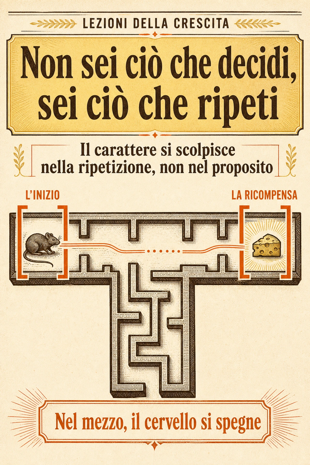 Infografica: L'identità e il comportamento reale di una persona sono plasmati assai più da ciò che essa fa ripetutamente e automaticamente che dalle sue decisioni consapevoli e dai suoi propositi. La maggior parte della condotta quotidiana non nasce da una deliberazione istante per istante, ma dall'esecuzione di routine apprese e innescate dal contesto. Perciò cambiare non significa in primo luogo decidere meglio, ma riprogrammare i cicli che si ripetono ogni giorno: chi comprende l'anatomia dell'abitudine possiede la leva del cambiamento; chi punta solo sulla forza di volontà lavora contro il funzionamento del proprio cervello.