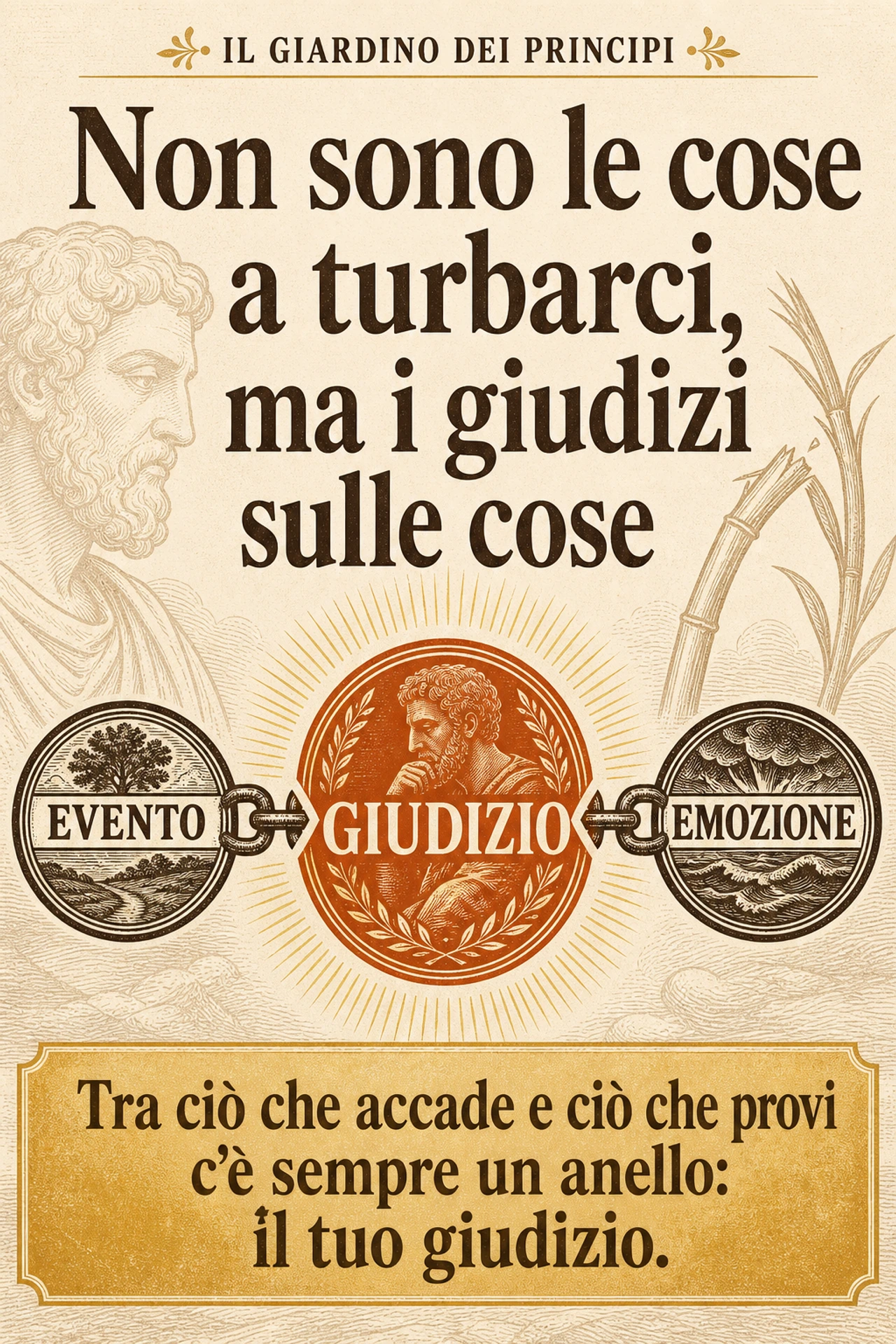 Infografica: Tra ciò che accade (lo stimolo) e ciò che proviamo (la risposta emotiva) non c'è un cavo diretto, ma sempre un anello intermedio: un atto di interpretazione, un giudizio, un'opinione. Non è l'evento nudo a turbarci, ma il significato che gli attribuiamo. Se il turbamento nasce dal giudizio, e il giudizio è in qualche misura in nostro potere, allora esiste uno spazio di libertà là dove credevamo di subire e basta. È la pietra angolare del mondo interiore, perché sposta la leva del controllo dal fuori al dentro — senza per questo abolire il dolore vero.